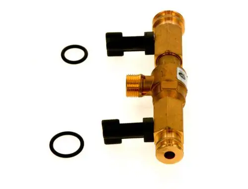 Bosch Befülleinrichtung aus Messing mit zwei Anschlüssen und schwarzen O-Ringen, zur Befüllung von Heizungsanlagen geeignet.